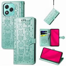Custodia in pelle goffrata per telefono Honor 400 Lite con motivo gatto e cane (verde)