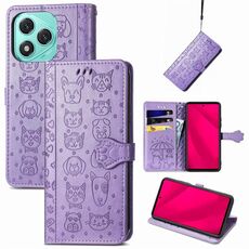 Custodia in pelle goffrata per telefono Honor 400 Lite con motivo gatto e cane (viola)