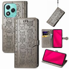 Custodia in pelle goffrata per telefono Honor 400 Lite con motivo gatto e cane (grigio)