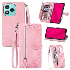 Custodia per telefono in pelle con cerniera e motivo floreale in rilievo per Honor 400 Lite (rosa)