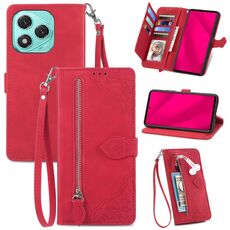 Custodia in pelle con cerniera e motivo floreale in rilievo per Honor 400 Lite (rosso)