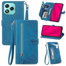 Custodia in pelle con cerniera e motivo floreale in rilievo per Honor 400 Lite (blu)