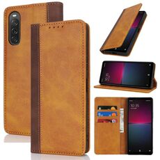 Per Sony Xperia 10 VI Custodia per telefono in pelle con cuciture colorate e texture di vitello (giallo marrone)