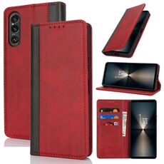 Per Sony Xperia 1 VI Custodia per telefono in pelle con cuciture colorate e texture di vitello (rosso nero)
