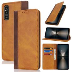 Per Sony Xperia 1 VI Custodia per telefono in pelle con cuciture colorate e texture di vitello (giallo marrone)