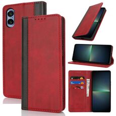 Per Sony Xperia 5 V Custodia per telefono in pelle con cuciture colorate e texture di vitello (rosso nero)