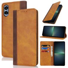 Per Sony Xperia 5 V Custodia per telefono in pelle con cuciture colorate in vitello (giallo marrone)