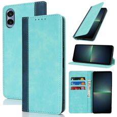 Per Sony Xperia 5 V Custodia per telefono in pelle con cuciture colorate e texture in vitello (blu chiaro blu scuro)