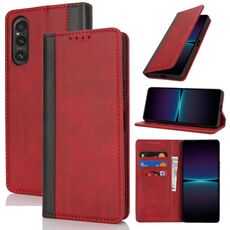 Per Sony Xperia 1 V Custodia per telefono in pelle con cuciture colorate e texture di vitello (rosso nero)