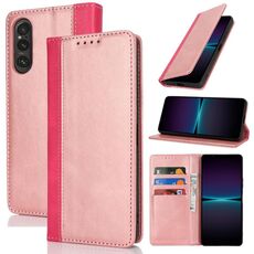 Per Sony Xperia 1 V Custodia per telefono in pelle con cuciture colorate con texture di vitello (oro rosa rosso)