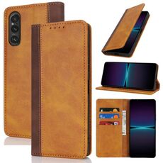 Per Sony Xperia 1 V Custodia per telefono in pelle con cuciture colorate in vitello (giallo marrone)