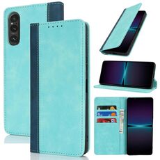 Per Sony Xperia 1 V Custodia per telefono in pelle con cuciture colorate e texture in vitello (blu chiaro blu scuro)