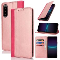 Per Sony Xperia 5 IV Custodia per telefono in pelle con cuciture colorate con texture di vitello (oro rosa rosso)