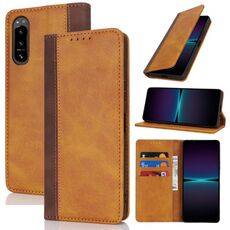 Per Sony Xperia 5 IV Custodia per telefono in pelle con cuciture colorate e texture di vitello (giallo marrone)