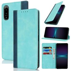 Per Sony Xperia 5 IV Custodia per telefono in pelle con cuciture colorate e texture di vitello (blu chiaro blu scuro)