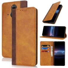 Per Sony Xperia Pro-I Custodia per telefono in pelle con cuciture colorate e texture in vitello (giallo marrone)