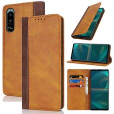 Per Sony Xperia 5 III Custodia per telefono in pelle con cuciture colorate e texture di vitello (giallo marrone)