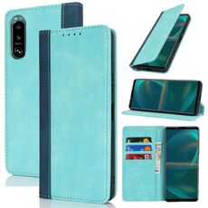 Per Sony Xperia 5 III Custodia per telefono in pelle con cuciture colorate e texture di vitello (blu chiaro blu scuro)