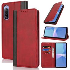 Per Sony Xperia 10 III Custodia per telefono in pelle con cuciture colorate e texture di vitello (rosso nero)