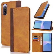 Per Sony Xperia 10 III Custodia per telefono in pelle con cuciture colorate e texture di vitello (giallo marrone)