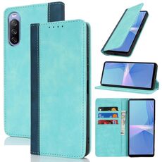 Per Sony Xperia 10 III Custodia per telefono in pelle con cuciture colorate e texture di vitello (blu chiaro blu scuro)