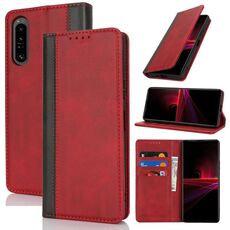 Per Sony Xperia 1 III Custodia per telefono in pelle con cuciture colorate e texture di vitello (rosso nero)