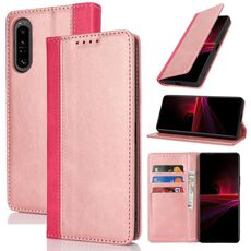 Per Sony Xperia 1 III Custodia per telefono in pelle con cuciture colorate e texture di vitello (oro rosa rosso)