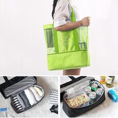 Borsa a tracolla portatile per picnic da spiaggia a doppio strato in rete sportiva (verde)