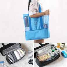 Borsa a tracolla da picnic portatile da spiaggia a doppio strato in rete sportiva (blu)