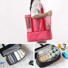 Borsa a tracolla da picnic portatile da spiaggia a doppio strato in rete sportiva (rossa)