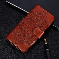 Per iPhone 11 Custodia in pelle a ribalta orizzontale con motivo a goffratura mandala, con supporto e fessure per carte e portafoglio e cornice per foto e cordino (marrone)