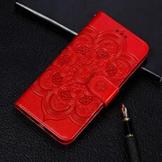 Per iPhone 11 Custodia in pelle a ribalta orizzontale con motivo a goffratura mandala, con supporto e slot per carte e portafoglio e cornice per foto e cordino (rosso)