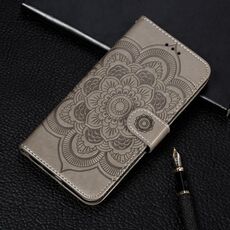 Per iPhone 11 Custodia in pelle a ribalta orizzontale con motivo a goffratura mandala, con supporto e fessure per carte e portafoglio e cornice per foto e cordino (grigio)