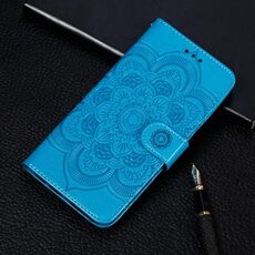 Per iPhone 11 Custodia in pelle a ribalta orizzontale con motivo a goffratura mandala, con supporto e slot per carte e portafoglio e cornice per foto e cordino (blu)