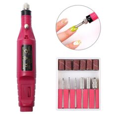 1 Set Power Professional Electric Manicure Machine Pen Pedicure Nail Lima Nail Tools 6 bit Drill Nail Drill Machine (EU Rose Red)
