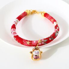 Collana con collare per cani regolabile con campana in rame con gatto fortunato, misura: S 20-25 cm (fiori rossi)