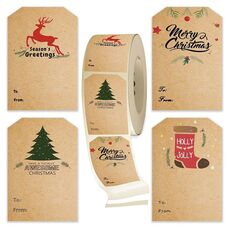 LG-210720-7050-008 Albero di Natale Kraft Carta Adesivo Decorazione vacanze Decorazione Autoadesiva Tag del regalo, Dimensioni: 75x50mm (Colore cowidide)