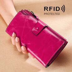 TP-192 First Layer of Bowhide Type Long Tipo Olio Pelle Pelle Ladies Clutch Retro Portafoglio RFID Anti-Theft Showies Portafoglio da donna (Rosa rossa)