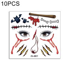 10 PCS Autoadesivi per il trasferimento dell'acqua Bambini Cartoon Cartoon Halloween Adesivi per tatuaggi divertenti Decorazione horror Adesivi facciali (FK-007)
