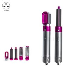 5-in-1 Hot-Air Pettine Automatico Raddrizzatore a doppio uso Asciugacapelli Argento + Rose Red (Plug del Regno Unito)