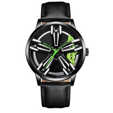 Orologio da uomo in metallo rotante elemento moto fngeen l001 (pelle verde in pelle nera in acciaio nero)