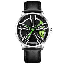 Orologio da uomo in metallo rotante elemento moto fngeen l001 (Superficie verde in acciaio bianco in pelle nera)