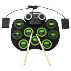 Tamburo elettronico portatile con tamburo elettronico a luce lampeggiante Tamburo Bluetooth (versione icona + nero verde)