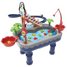 Set da gioco multifunzionale con giocattolo da pesca magnetico elettrico per bambini che si arrampica sulle scale del pinguino (blu)