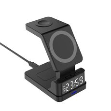 Caricabatterie wireless verticale da tavolo con orologio magnetico 15W 4 in 1 (nero)