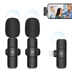 PULUZ Microfoni Wireless Lavalier con Riduzione del Rumore e Riverbero per iPhone/iPad, Ricevitore a 8 Pin e Doppio Microfono (Nero)