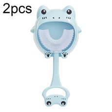 S8 2pcs bambini cartone animato animale manuale spazzolino da denti in silicone a forma di U per 2-12 anni (Blue Frog)