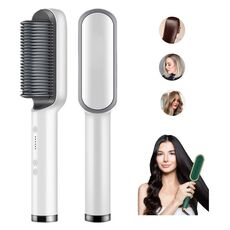 Piastra per capelli 2 in 1 Spazzola e arricciacapelli Piastra per capelli a ioni negativi Pettine per lo styling (bianco)