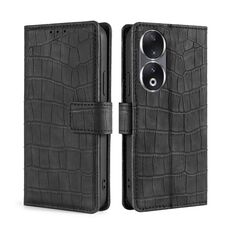 Custodia per telefono in pelle con chiusura magnetica in coccodrillo Skin Feel per Honor 90 5G (nera)