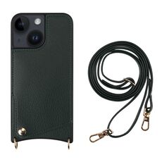 Per iPhone 14 Fish Tail Card Slot PU + Custodia per telefono in TPU con cordino lungo (verde scuro)